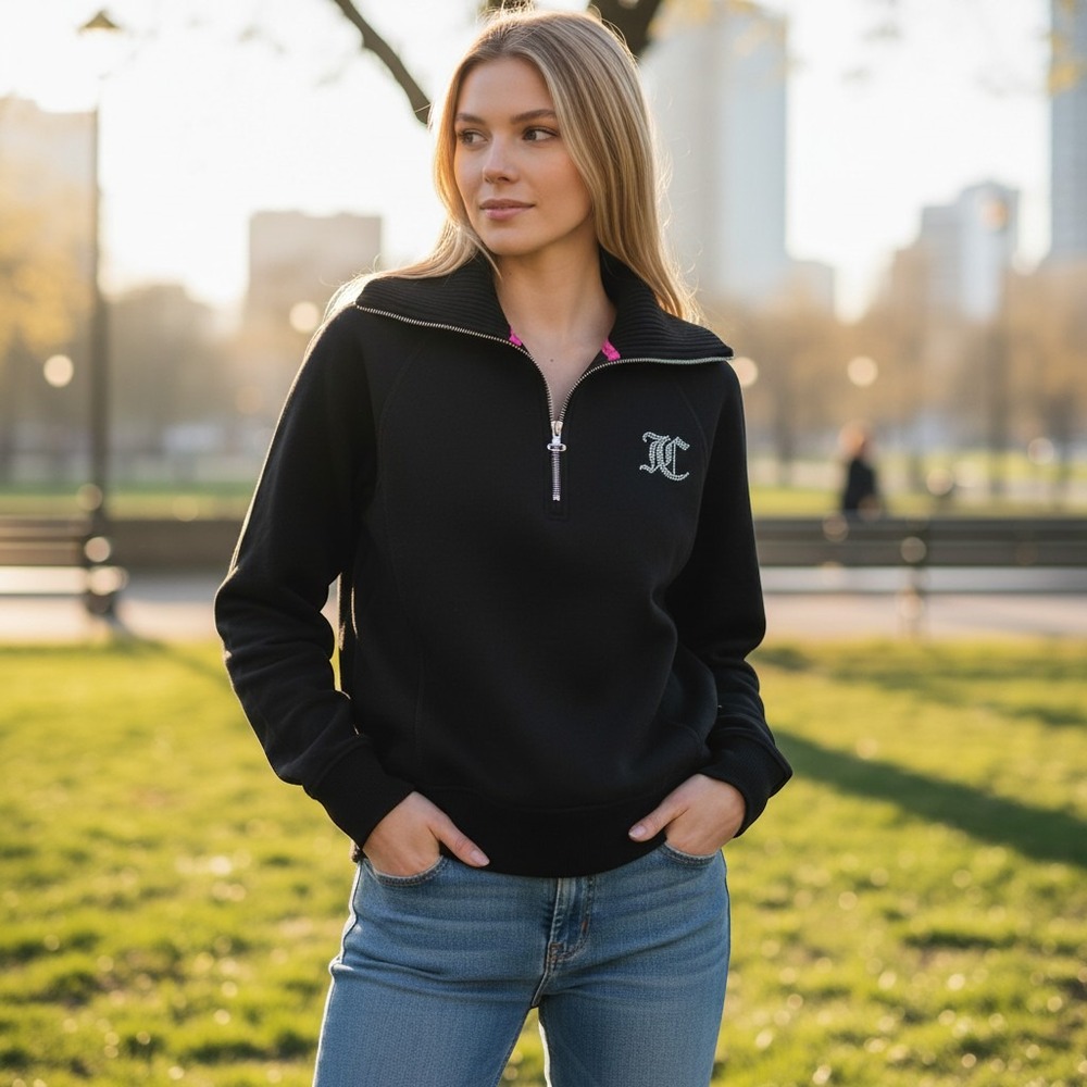 Juicy Couture Sport Black Quarter Zip Pullover Rhinestone Logo Sweatshirt Small